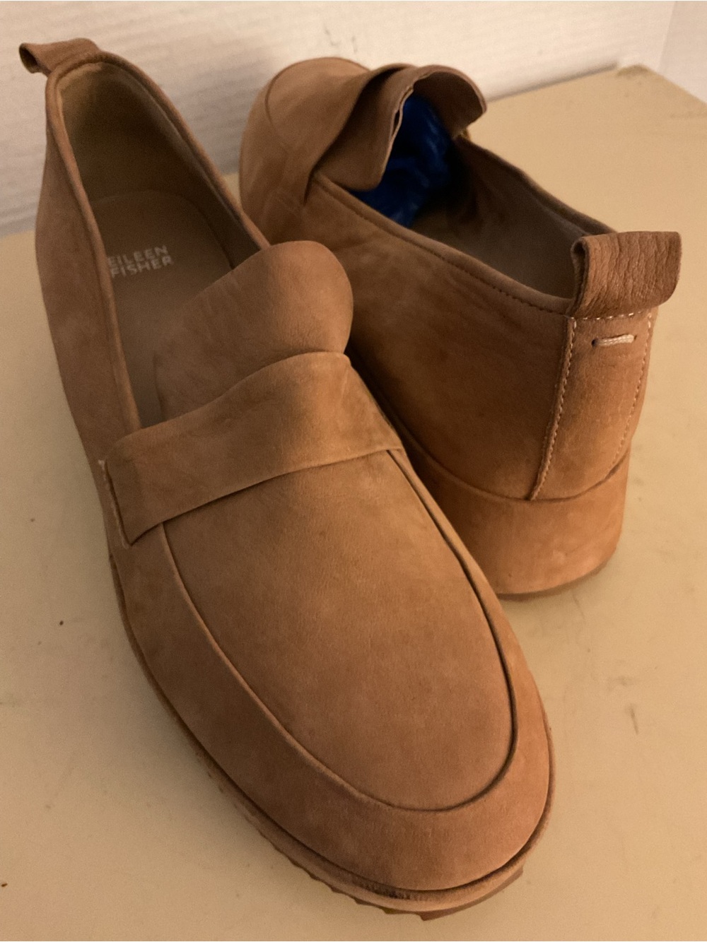 Eileen Fisher women chestnut nubuck leather platform Wedge max loafer shoes 11